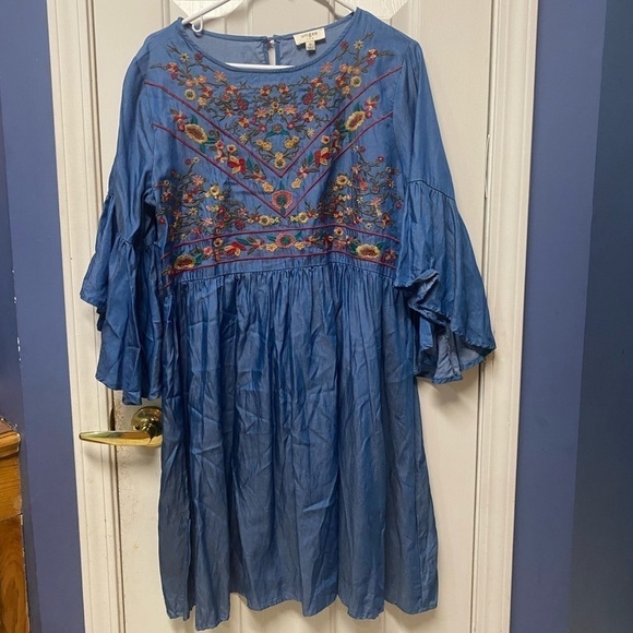 Umgee Womens Embroidered Boho Peasant Hippie festival Bell Sleeve Dress Sage M - Picture 1 of 7